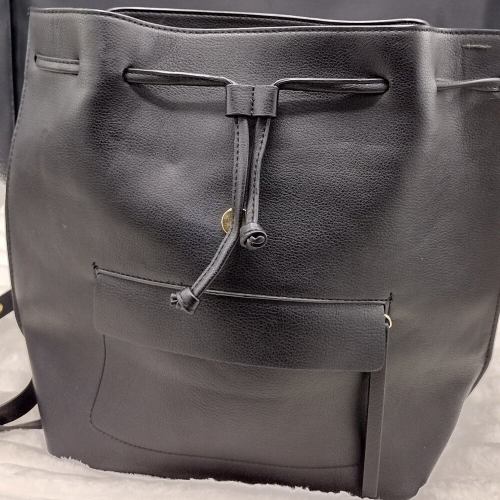 Zara Black Faux Leather Backpack Gold Hardware Flap Drawstring Adjustable Straps - Picture 2 of 13